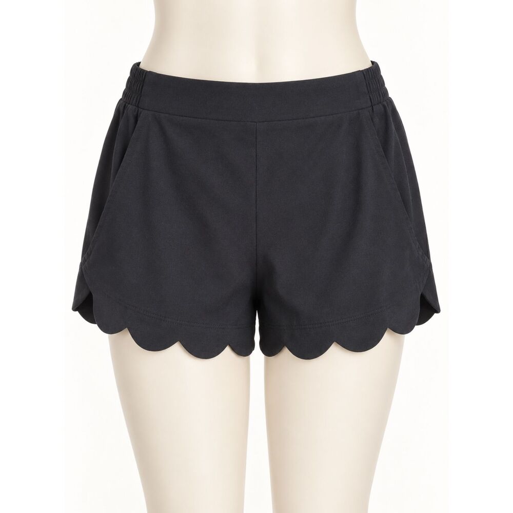 Angie Women’s Black Scalloped Hem Pull-On Shorts Size L Stretch Dressy Casual